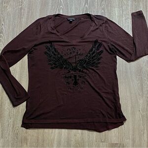 Rock & Republic Y2K Whimsigoth Punk Flocked Velvet Eagle Graphic Vamp L/S Top L